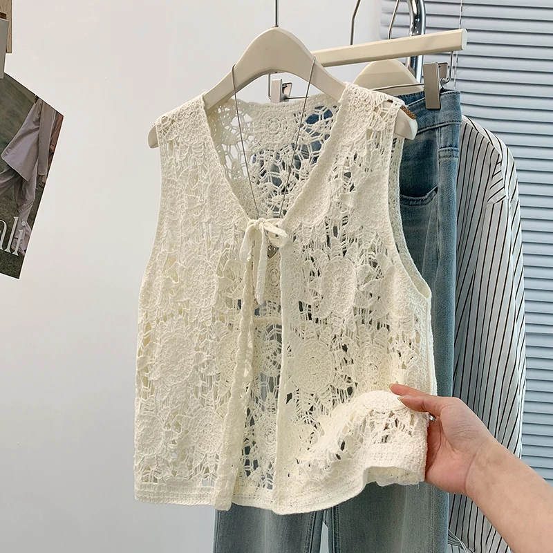Crochet Top Boho - Cardigan en crochet à nouer devant,