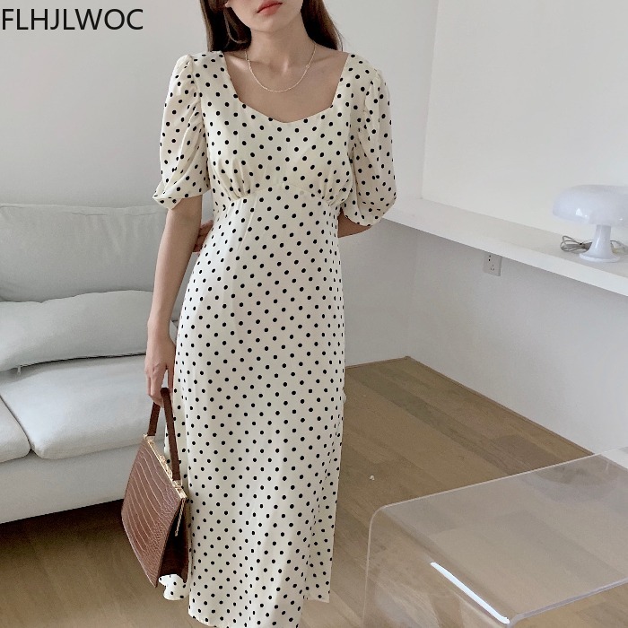 Vintage Fashion Korea - Robe maxi longue à pois pour
