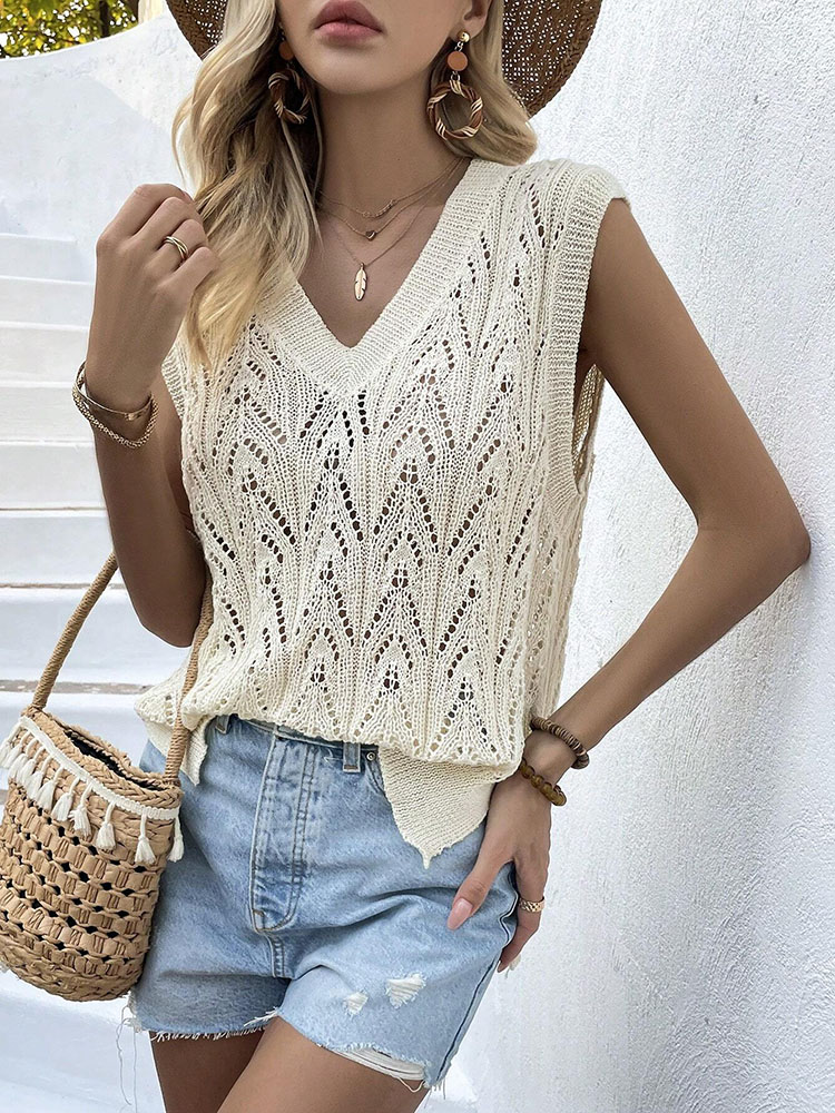 Crochet Top Boho - Débardeur en crochet beige pour femme,