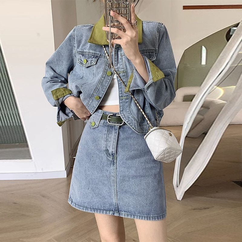 Patchwork Jean Jacket - Denim manteaux Mini jupes deux pièces