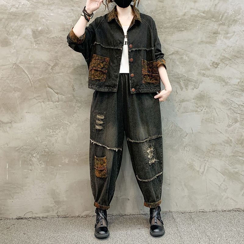 Patchwork Jean Jacket - Ensemble Cowboy Rétro Femme Automne Hiver