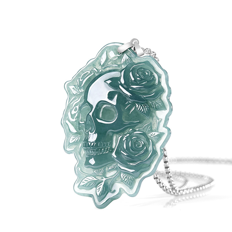 Vintage Women Fashion - Collier Pendentif Crâne en Jade Birman